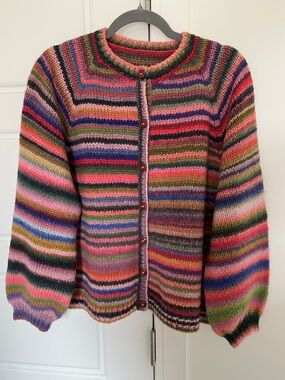 Handknit merino wool rainbow striped cardigan